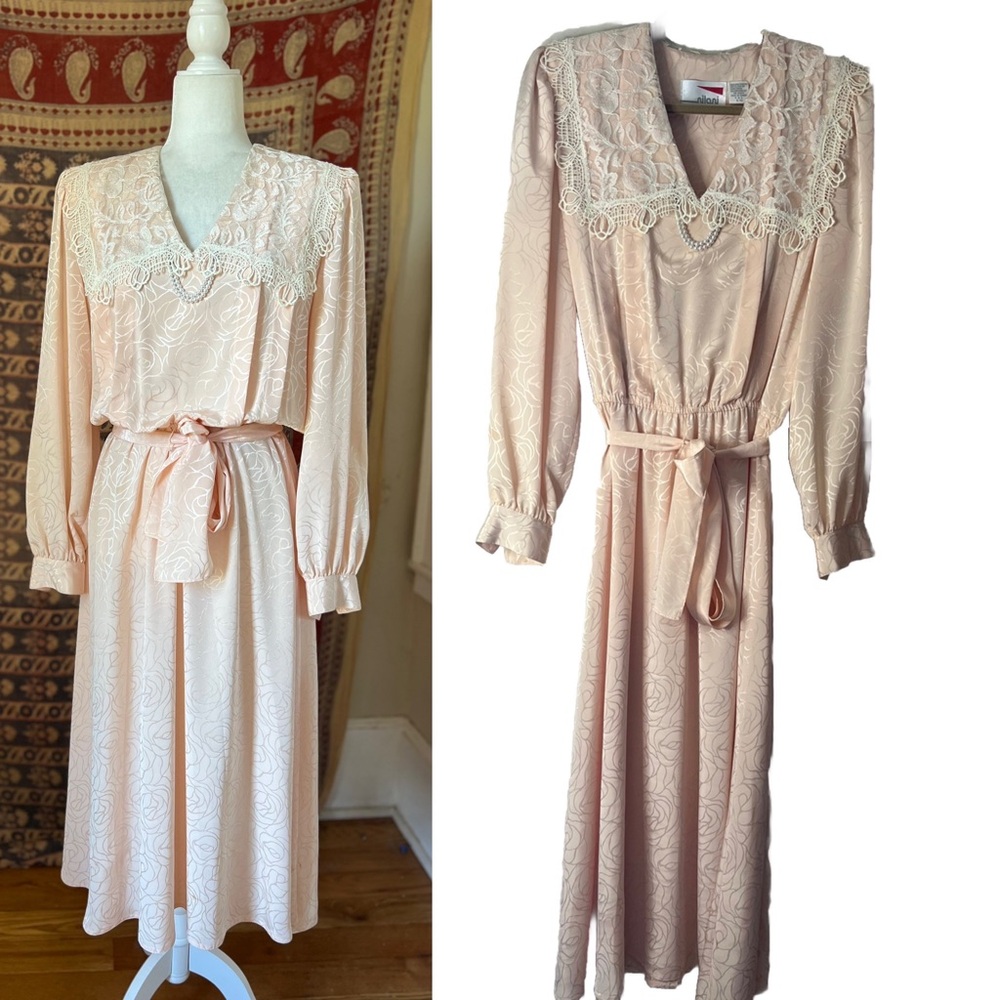 Vintage 1980s Nilani Peach Cottage Edwardian Midi Dress - 9 / 10